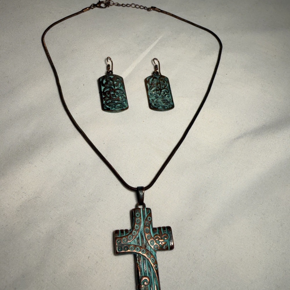 Elegant Turquoise Cross Necklace and Earring Set